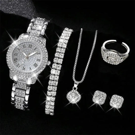 The Ultimate Luxury Vibe  6PCS Alloy & Crystal Watch Set High-Class, Timeless, Unforgettable, Premium Quartz Watch & Bracelet Set Sparkle Brighter, Live Louder, 2026 Edition, Elegant 6-in-1 Luxury Watch & Rhinestone Bracelet Set  Premium Gift