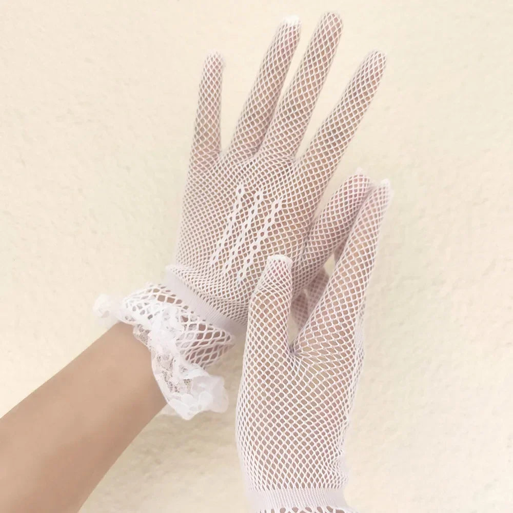Premium 2026 Style Ruffle Mesh Gloves for Women Full Finger Elegance & Trendy Vibes , Fishnet Lace Driving Gloves Sexy, UV Proof & Effortlessly Chic