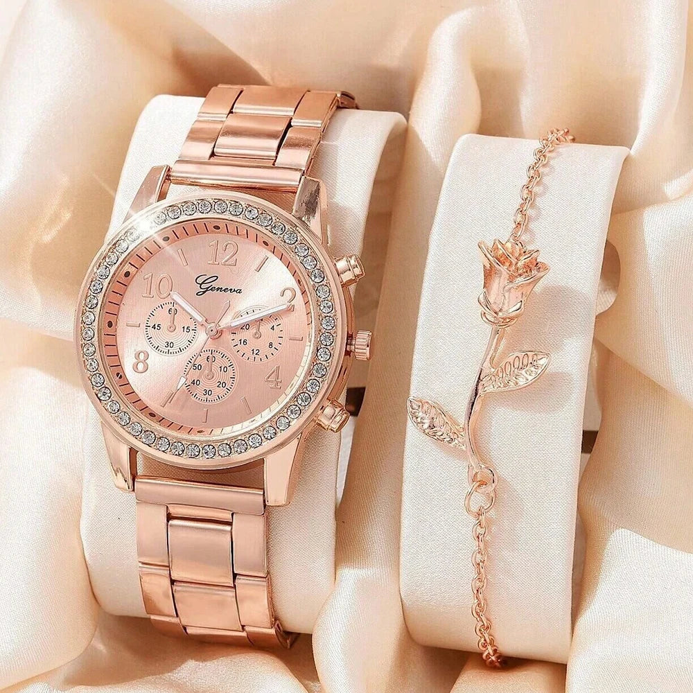 Luxury Quartz Watch Set for Women Premium Silver Elegance with Rhinestone Detail, High Quality 5PCS Women’s Fashion Watch Set Sleek Silver Alloy & Timeless Style, Premium Women’s Silver Quartz Watches Jewelry Set for Chic & Timeless Looks