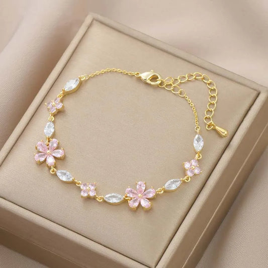 Premium Luxury Quality 2026 Edition Luxury Colorful Zircon Flower Bracelet For Women Girls Korean Sweet Gold Color Crystal Adjustable Bracelet Jewelry Gift