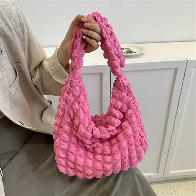 Crossbody Bag With Pleated Design Embroidered Plaid Shoulder Bag Underarm Bags Simple Large Capacity Quilted Tote Bags For Women