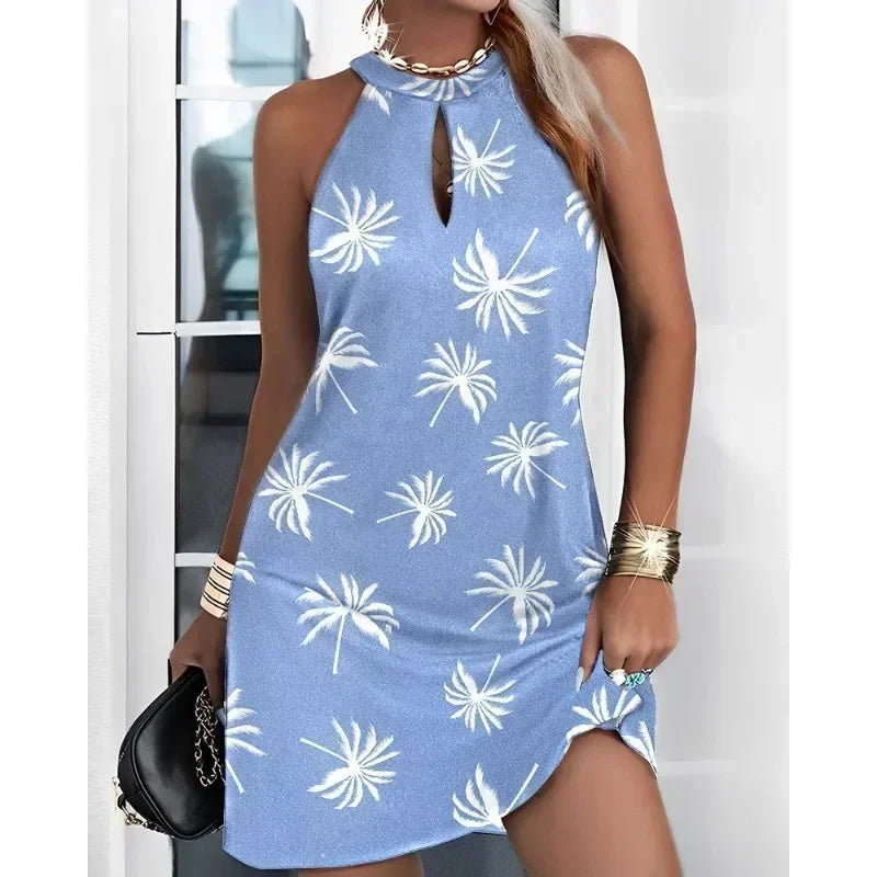 Luxury Meets Fun Trendy Dress for Commuter Days or Holiday Nights, Summer Vibes! Sexy Sleeveless Hanging Neck Printed Dress Perfect for Parties & Getaways , Casual Dress with Chic Prints & Flirty Sleeveless Design