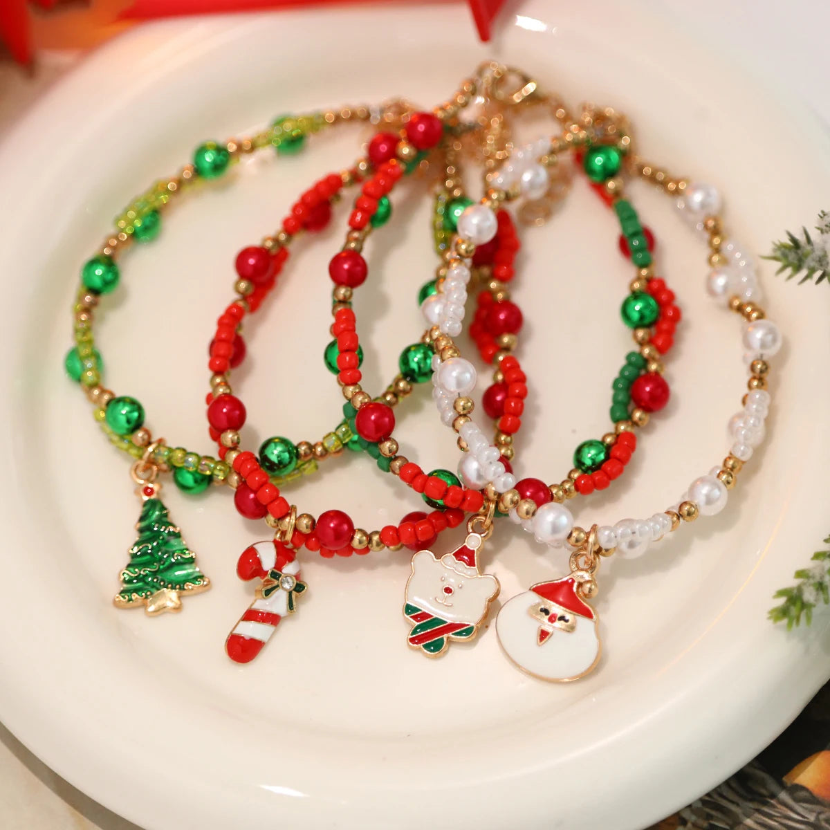 Premium Hand Made Christmas Themed 4 Piece New Hand Woven Bracelet Set with Santa Claus, Christmas Tree, Walking Stick & Teddy Bear Designs(color random)