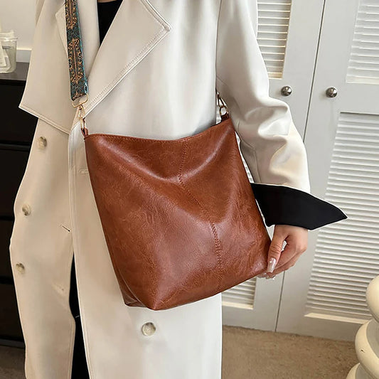 PU Leather Vintage Solid Color Women Fashion Shoulder Sling Bag High-Capacity Simple Adjustable Wide Strap Bucket Crossbody Bags