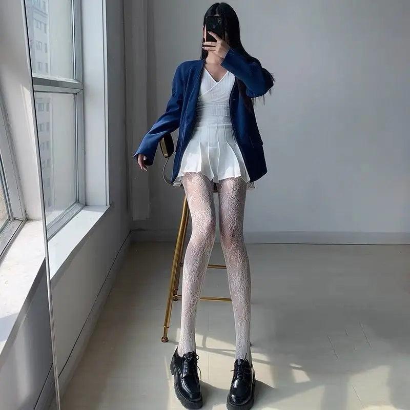 High Quality Heart Flower Pattern Pantyhose, Trendy Japanese Punk Inspired Mesh Tights Sexy, Soft & Premium, Mesh Heart & Flower Fishnet Stockings, Sexy & Cute! Heart Flower Mesh Fishnet Tights for Trendy Girls