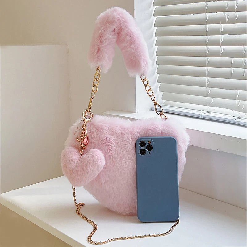 Premium Plush Chain Shoulder Bag  Sexy, Fashion , 2026 Fluffy Chic! Heart-Shaped Faux Fur Bag Cute, Cozy & Ultra Trendy