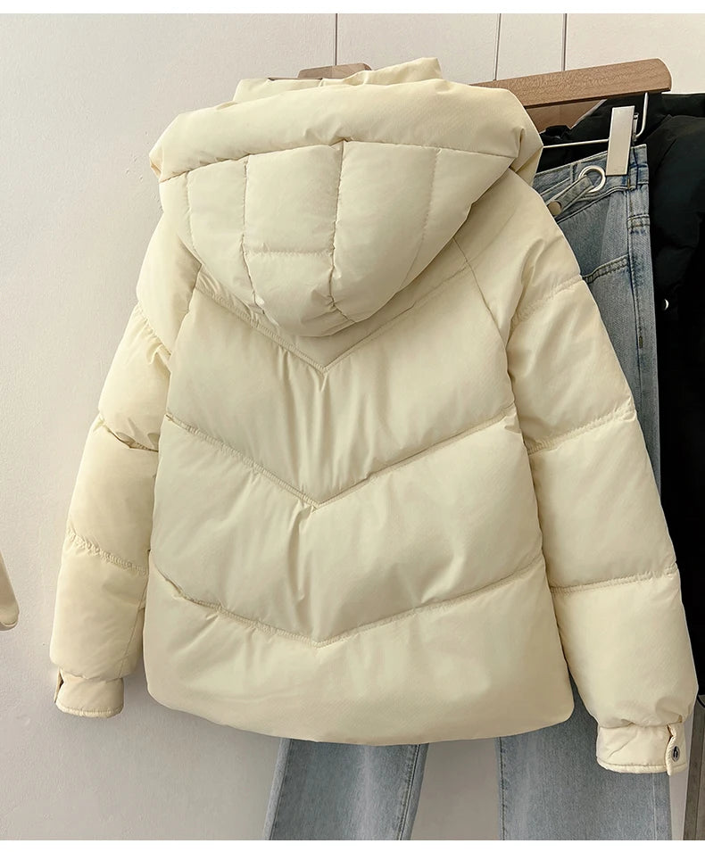 2025 Autumn Winter Puffer Jacket Women Thicken Down Cotton Padded Loose Coat Female Hooded Solid Long Sleeve Short Parkas