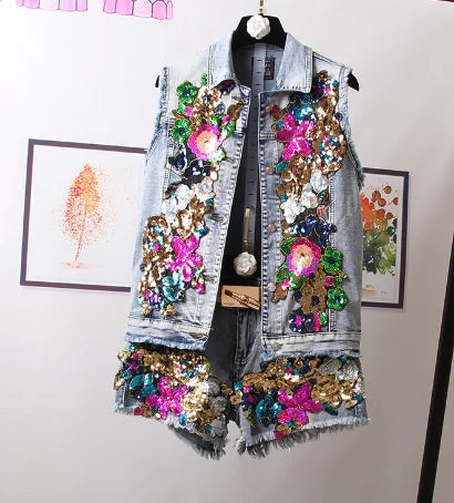 European Style Denim Jacket Fashion Outfit Women New Flower Sequined jeans Vest coat
