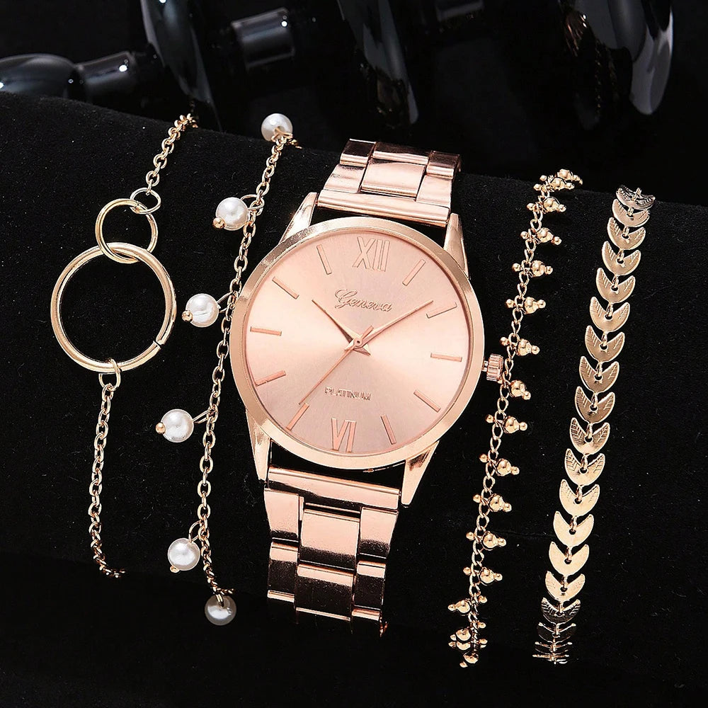Luxury Quartz Watch Set for Women Premium Silver Elegance with Rhinestone Detail, High Quality 5PCS Women’s Fashion Watch Set Sleek Silver Alloy & Timeless Style, Premium Women’s Silver Quartz Watches Jewelry Set for Chic & Timeless Looks