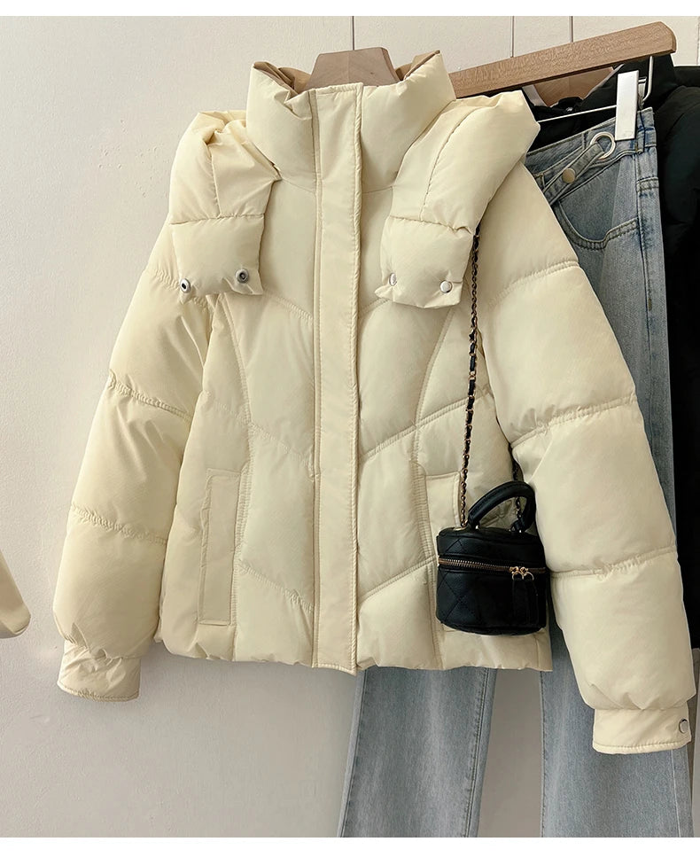 2025 Autumn Winter Puffer Jacket Women Thicken Down Cotton Padded Loose Coat Female Hooded Solid Long Sleeve Short Parkas