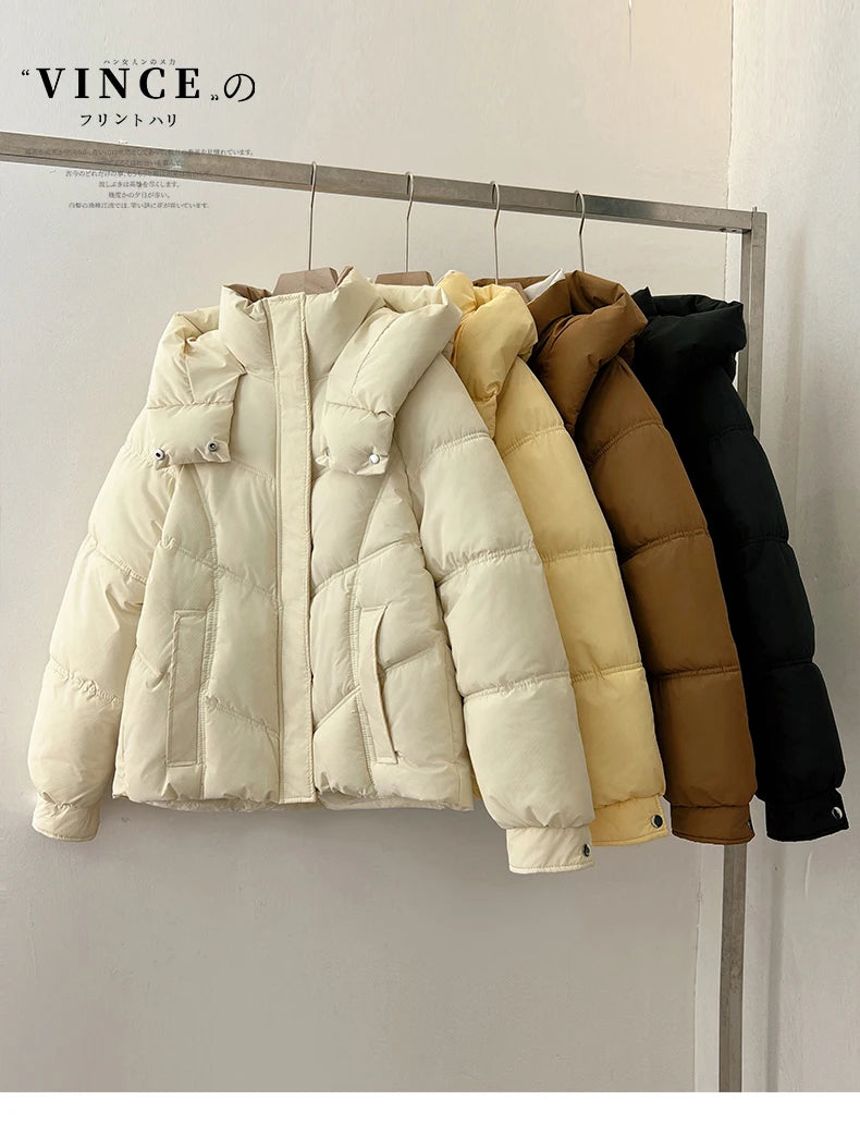 2025 Autumn Winter Puffer Jacket Women Thicken Down Cotton Padded Loose Coat Female Hooded Solid Long Sleeve Short Parkas
