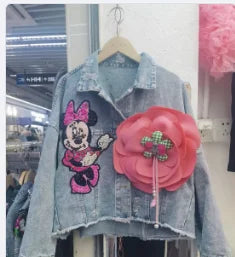 Fashion Brand Jeans Coat Women's Spring Autumn New Heavy Industry Cartoon Sequins Chaqueta High Street Loose-Fitting Denim Coats