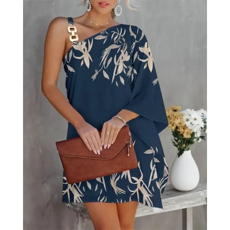 2026 Fashion Comfortable,Style Sexy Diagonal Neck Commuter Dress with Metal Strap Glam , Look Fashion Forward & Feel Effortlessly Elegant Solid & Printed Summer Dress