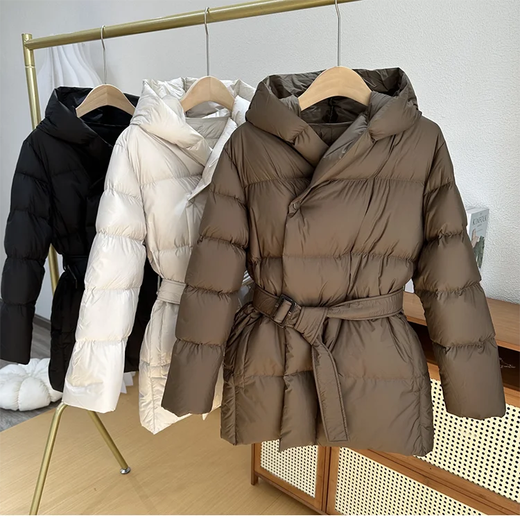 Winter Hooded Women's Down Jackets Ultra Light Warm Casual Lace-up Coat Female Puffer Jacket With Belt Elegant Parka Overcoat