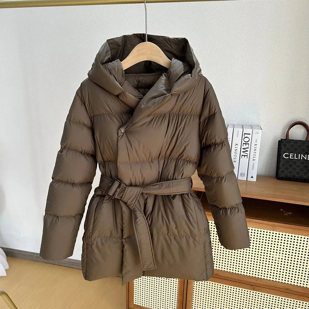 Winter Hooded Women's Down Jackets Ultra Light Warm Casual Lace-up Coat Female Puffer Jacket With Belt Elegant Parka Overcoat