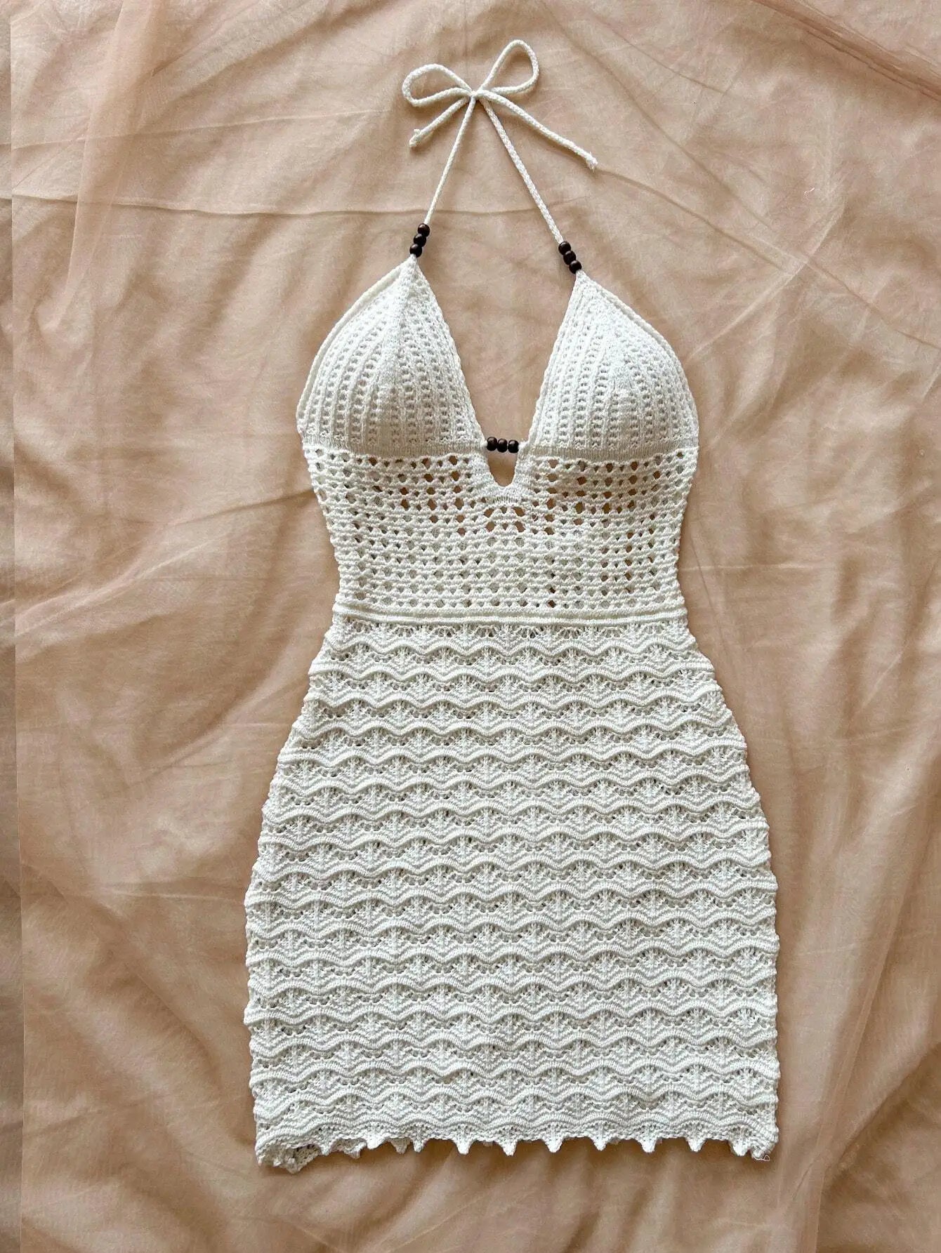 Premium Ombre Knit Dress with Spaghetti Straps & Wooden Bead Detail , V-Neck Hollow Out Beaded Fitted Dress Sexy & Backless