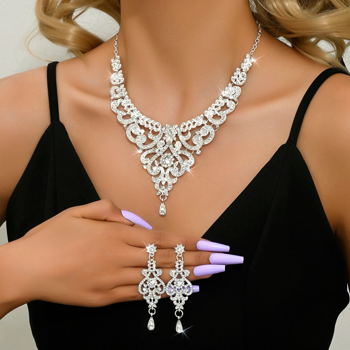 Stunning Rhinestone Earrings & Necklace Set for Elegant Women, Dazzling Rhinestone Jewelry Set Perfect Gift for Fashion Lovers, Stunning Rhinestone Earrings & Necklace Set for Elegant