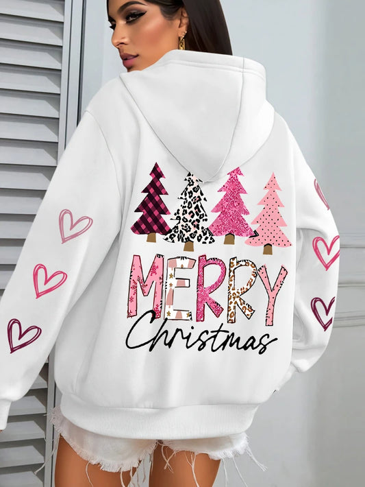 All Match Holiday Streetwear Women’s Merry Christmas Hoodie, Casual, Cozy & Christmas-Ready Harajuku Pink Tree Pullover, Merry Christmas Pink and more colours Tree Hoodie!, Celebrate 2025 in Style Christmas Tree Loose Hoodie