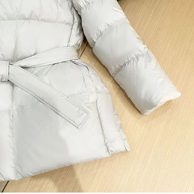 Winter Hooded Women's Down Jackets Ultra Light Warm Casual Lace-up Coat Female Puffer Jacket With Belt Elegant Parka Overcoat