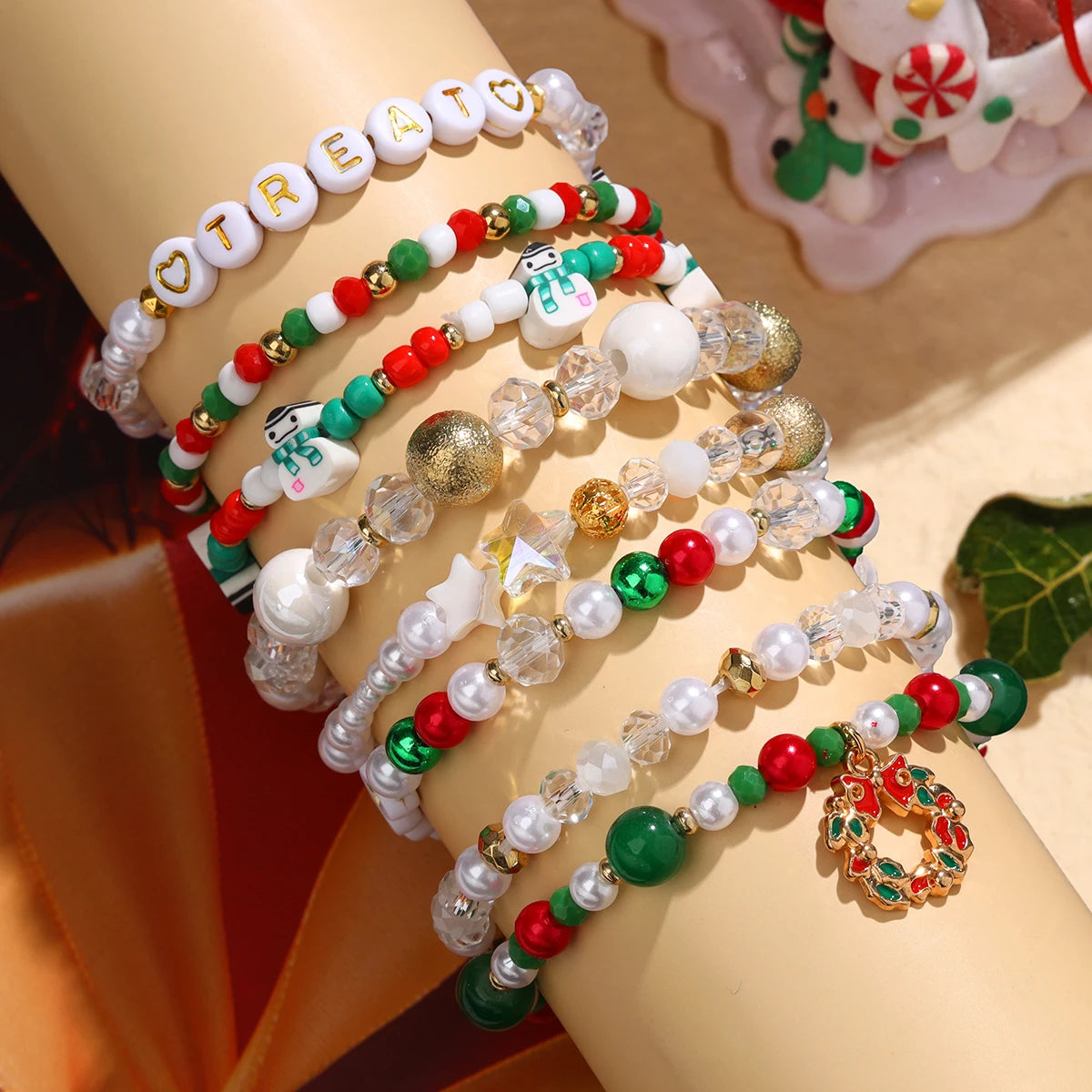 Quality Premium Style 8 Piece New Christmas Star & Snowman Beaded Bracelet Set  (color random)