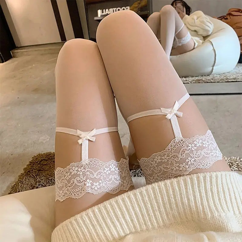 High Quality 2026 Sexy Adult Fantasy Fancy White Suspender Stockings Girls Lace Trim Knee Tight Stocks Suspender Black Bowknot Thigh High Stockings Lace Mesh Fishnet Sock