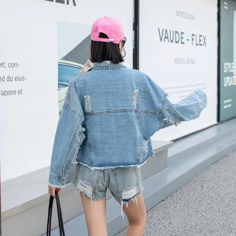 Fashion Brand Jeans Coat Women's Spring Autumn New Heavy Industry Cartoon Sequins Chaqueta High Street Loose-Fitting Denim Coats