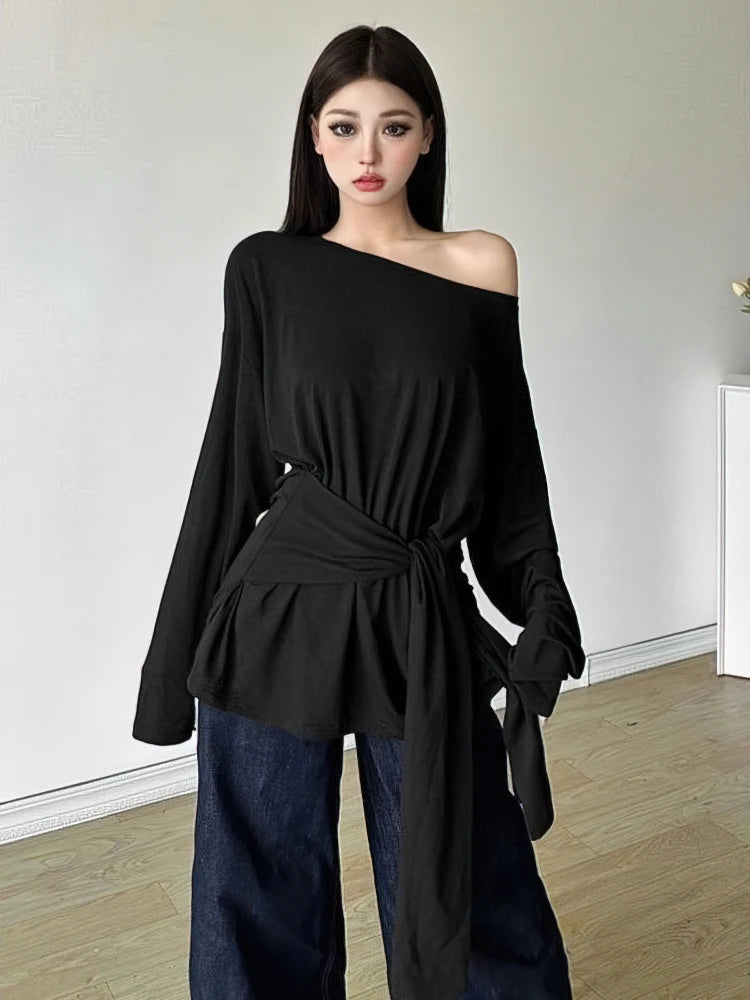 Quality 2026 Fashion Style Sexy Thin See Through Long sleeve Oversize T shirt Women Bandage Off shoulder Top Female Basic Long Tees Korean Chic Lady New