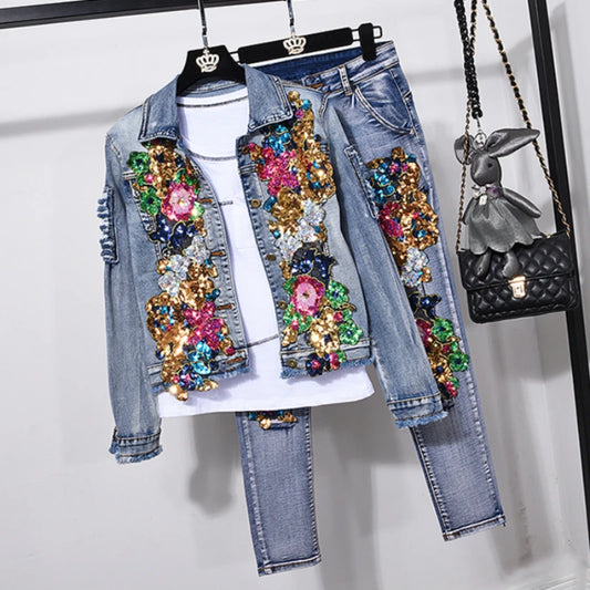 European Style Denim Jacket Fashion Outfit Women New Flower Sequined jeans Vest coat