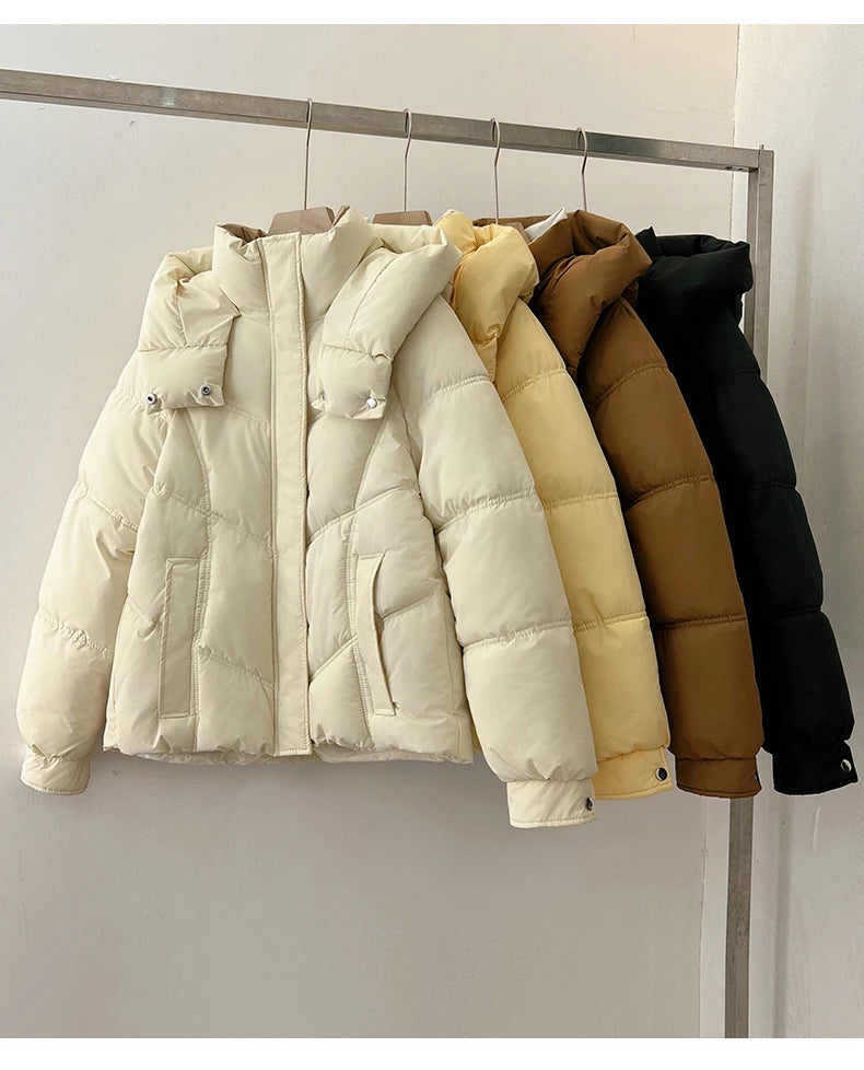 2025 Autumn Winter Puffer Jacket Women Thicken Down Cotton Padded Loose Coat Female Hooded Solid Long Sleeve Short Parkas