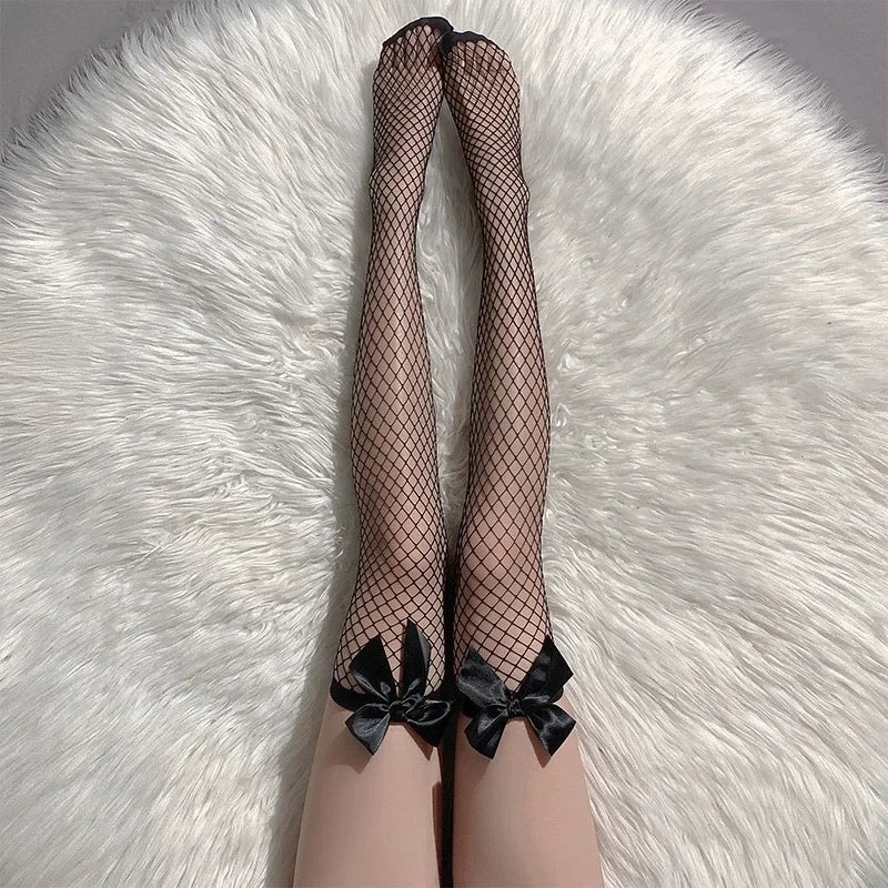 High Quality 2026 Fashion Fancy Sweet Over Knee Long Socks Women Girls Lolita Bowknot Thigh High Stockings Punk Lace Mesh Legging Hollow Fishnet Pantyhose