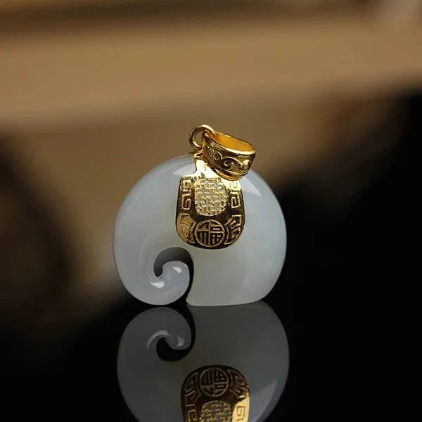 Premium Quality Boutique Natural Stone Hetian Jade Elephant Pendant 18K Gold Plated Chain Necklace Choker Jewelry for Women Birthday Anniversary