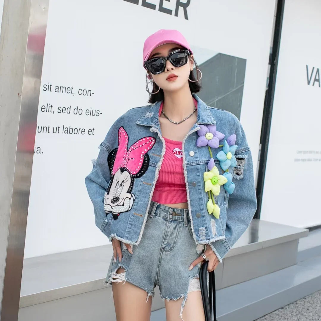 Fashion Brand Jeans Coat Women's Spring Autumn New Heavy Industry Cartoon Sequins Chaqueta High Street Loose-Fitting Denim Coats
