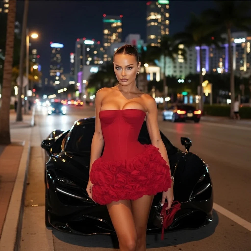 Luxe Floral Elegance Sexy 3D Sheath Dress with Corseted Waist Premium & Irresistible Premium Sexy Wrap Hip Sheath Dress 3D Floral Design