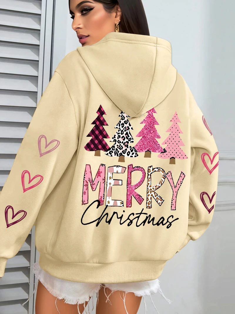 All Match Holiday Streetwear Women’s Merry Christmas Hoodie, Casual, Cozy & Christmas-Ready Harajuku Pink Tree Pullover, Merry Christmas Pink and more colours Tree Hoodie!, Celebrate 2025 in Style Christmas Tree Loose Hoodie