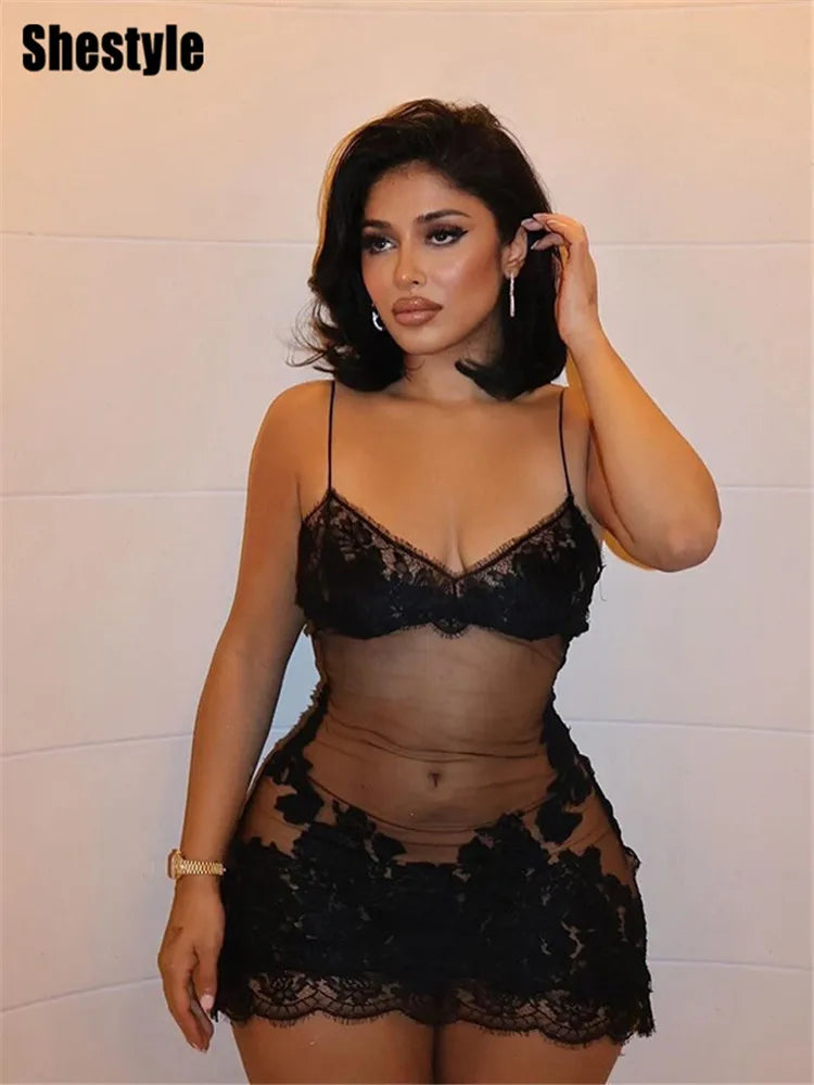 Shestyle Lace 2026 Fashion Transparent Mini Dress for Bold & Trendy Women, Sexy Elegance!, Premium Quality Sheath Dress & Mesh Nightwear for Club & Party Nights, Fashion Forward & Instagram-Ready! Lace Transparent Mini Dress for Women Who Dare to Slay