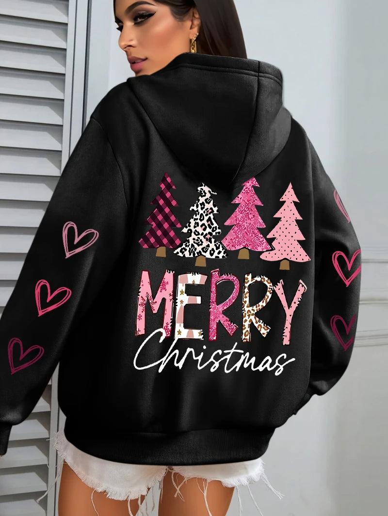 All Match Holiday Streetwear Women’s Merry Christmas Hoodie, Casual, Cozy & Christmas-Ready Harajuku Pink Tree Pullover, Merry Christmas Pink and more colours Tree Hoodie!, Celebrate 2025 in Style Christmas Tree Loose Hoodie