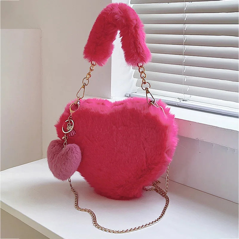Premium Plush Chain Shoulder Bag  Sexy, Fashion , 2026 Fluffy Chic! Heart-Shaped Faux Fur Bag Cute, Cozy & Ultra Trendy