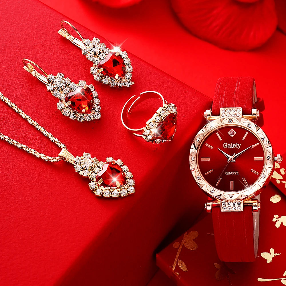 Luxury Love Set  Elegant Red Leather Watch Heart Jewelry Perfect Gift for Mum & Sister Luxury Gift of Love  2026 Edition Women’s Watch Jewelry Set Elegant, High Class & Heart Set Red, Radiant & Romantic