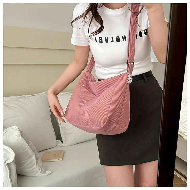 Women’s Corduroy Shoulder Bag, Casual Striped Large Capacity Tote with Zipper Closure, Cute Hat Patch, Perfect for Everyday Use