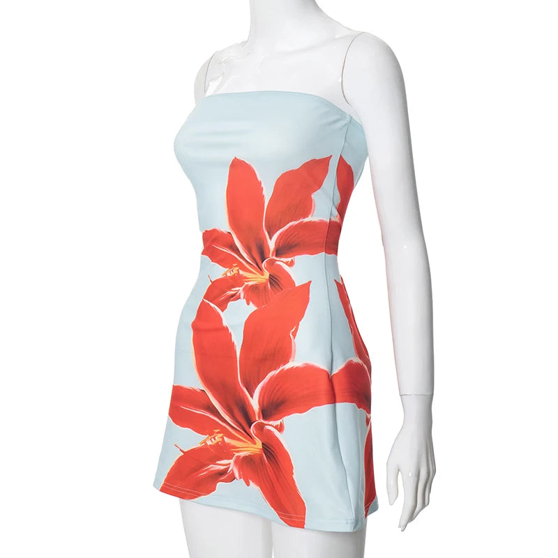 Premium Blue Strapless Dress with High Waist & Elegant Party Vibes, Sexy Strapless Floral Mini Dress Backless & Stunning, Strapless Floral Dress with High-Quality Fabric & Flawless Fit