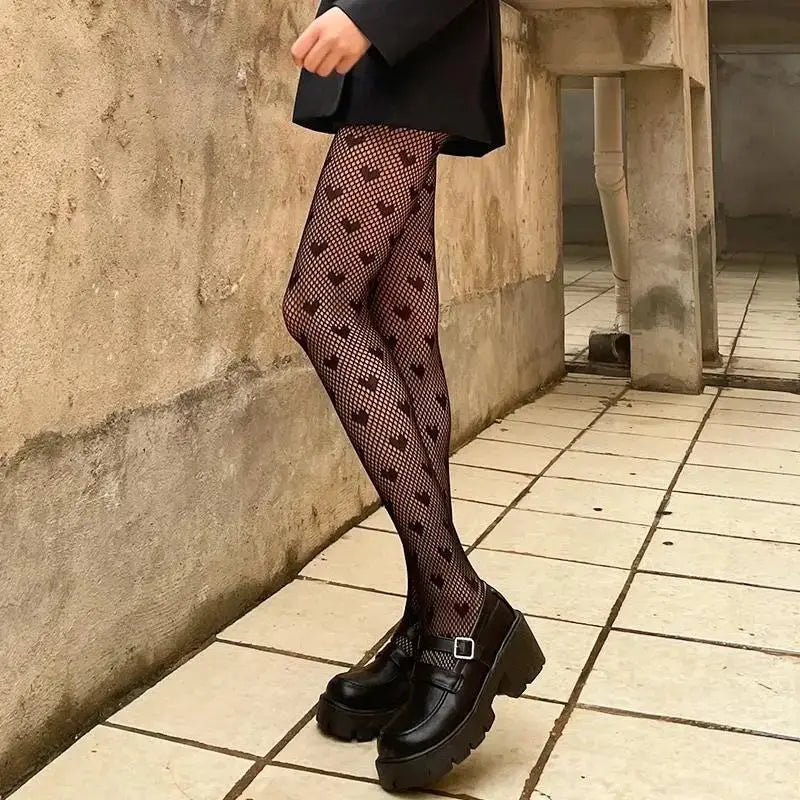 High Quality Heart Flower Pattern Pantyhose, Trendy Japanese Punk Inspired Mesh Tights Sexy, Soft & Premium, Mesh Heart & Flower Fishnet Stockings, Sexy & Cute! Heart Flower Mesh Fishnet Tights for Trendy Girls