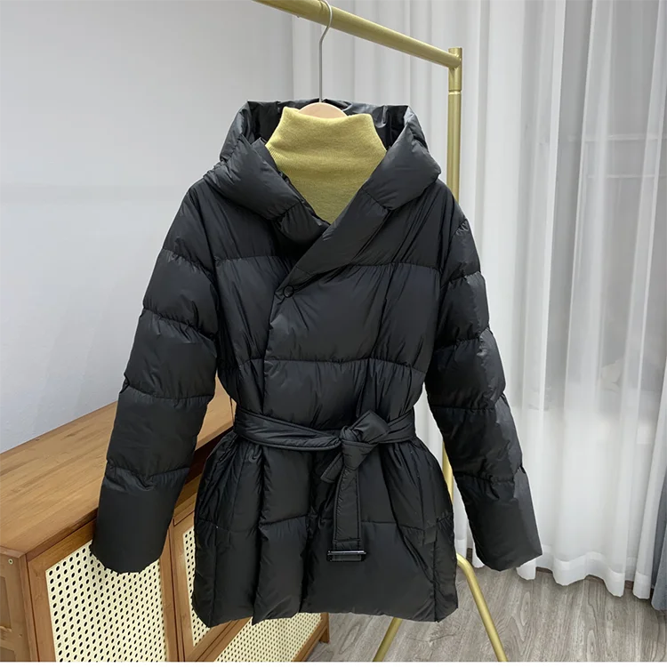 Winter Hooded Women's Down Jackets Ultra Light Warm Casual Lace-up Coat Female Puffer Jacket With Belt Elegant Parka Overcoat