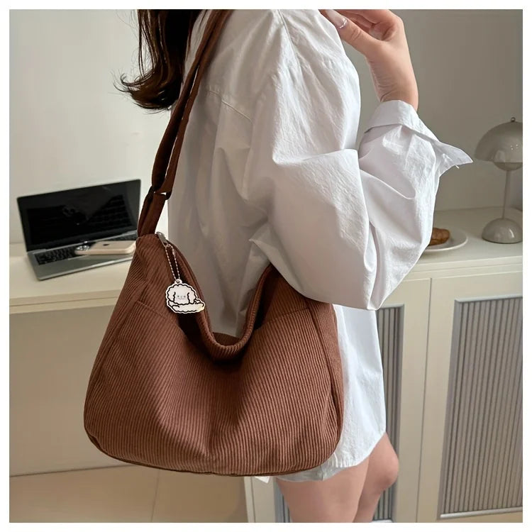 Women’s Corduroy Shoulder Bag, Casual Striped Large Capacity Tote with Zipper Closure, Cute Hat Patch, Perfect for Everyday Use