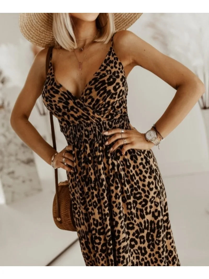 Premium Leopard Print Camisole Dress for Effortless Seduction, Leopard V-Neck Maxi Wild Elegance Meets Vacation Glam, From Brunch to Beach Nights Premium Leopard Maxi for the Modern Muse
