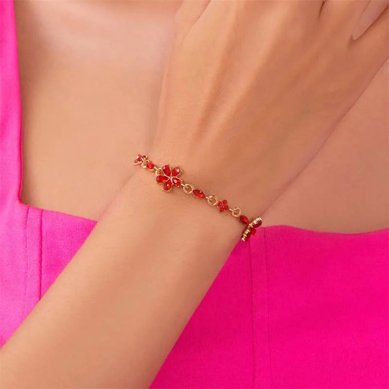 Premium Luxury Quality 2026 Edition Luxury Colorful Zircon Flower Bracelet For Women Girls Korean Sweet Gold Color Crystal Adjustable Bracelet Jewelry Gift