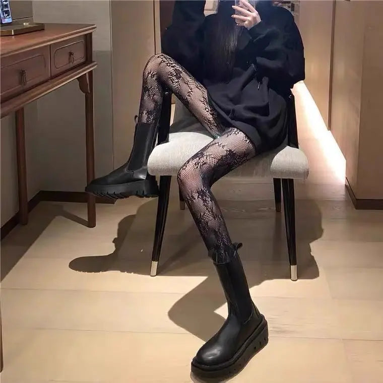 High Quality Heart Flower Pattern Pantyhose, Trendy Japanese Punk Inspired Mesh Tights Sexy, Soft & Premium, Mesh Heart & Flower Fishnet Stockings, Sexy & Cute! Heart Flower Mesh Fishnet Tights for Trendy Girls