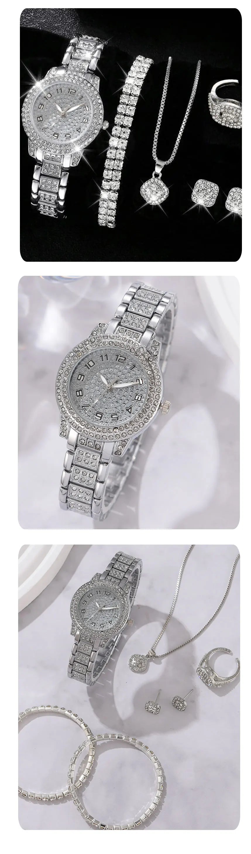 The Ultimate Luxury Vibe  6PCS Alloy & Crystal Watch Set High-Class, Timeless, Unforgettable, Premium Quartz Watch & Bracelet Set Sparkle Brighter, Live Louder, 2026 Edition, Elegant 6-in-1 Luxury Watch & Rhinestone Bracelet Set  Premium Gift