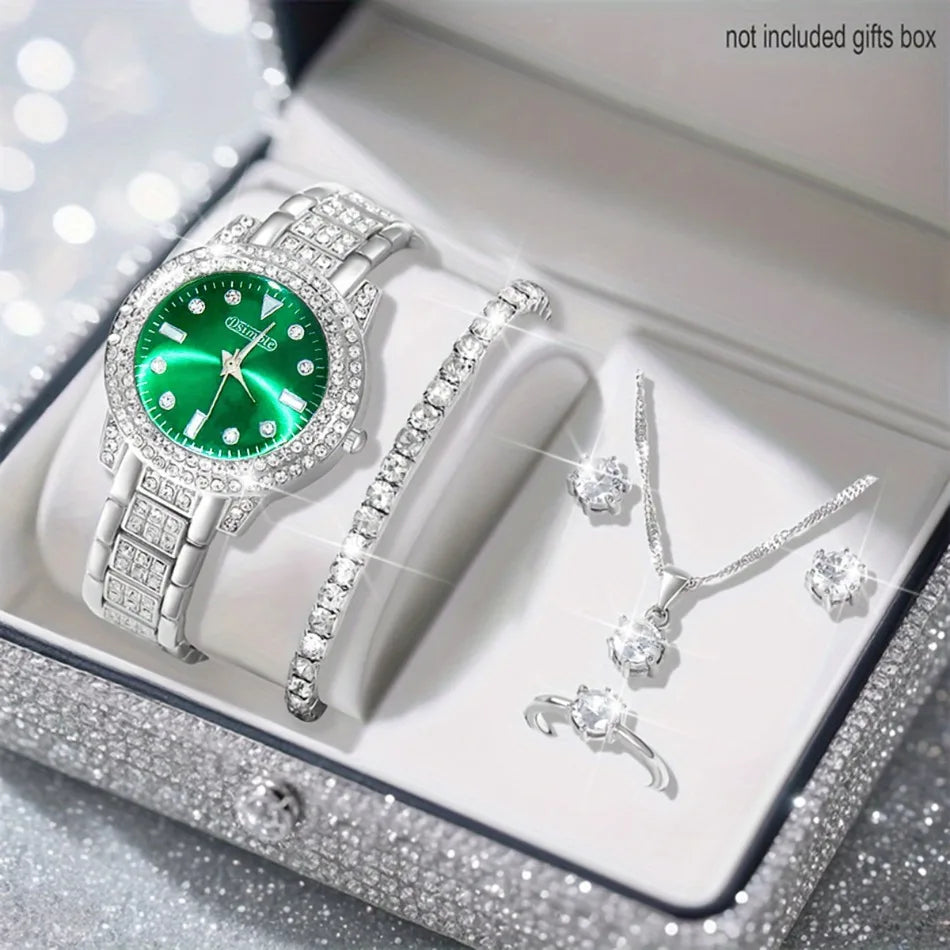 Premium Style & Sparkle Elegant Ladies Quartz Watch with Matching Jewelry Perfect Gift for Her, Luxury Meets Fashion 6PCS Elegant Quartz Watch & Jewelry Set Perfect for Valentine’s Day & Special Occasions