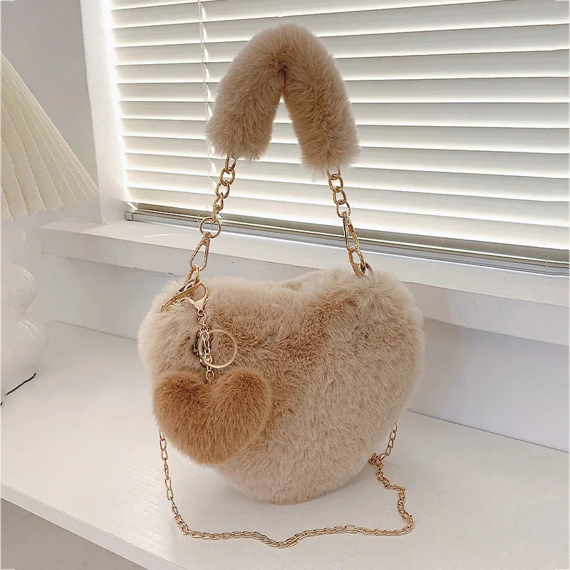 Premium Plush Chain Shoulder Bag  Sexy, Fashion , 2026 Fluffy Chic! Heart-Shaped Faux Fur Bag Cute, Cozy & Ultra Trendy