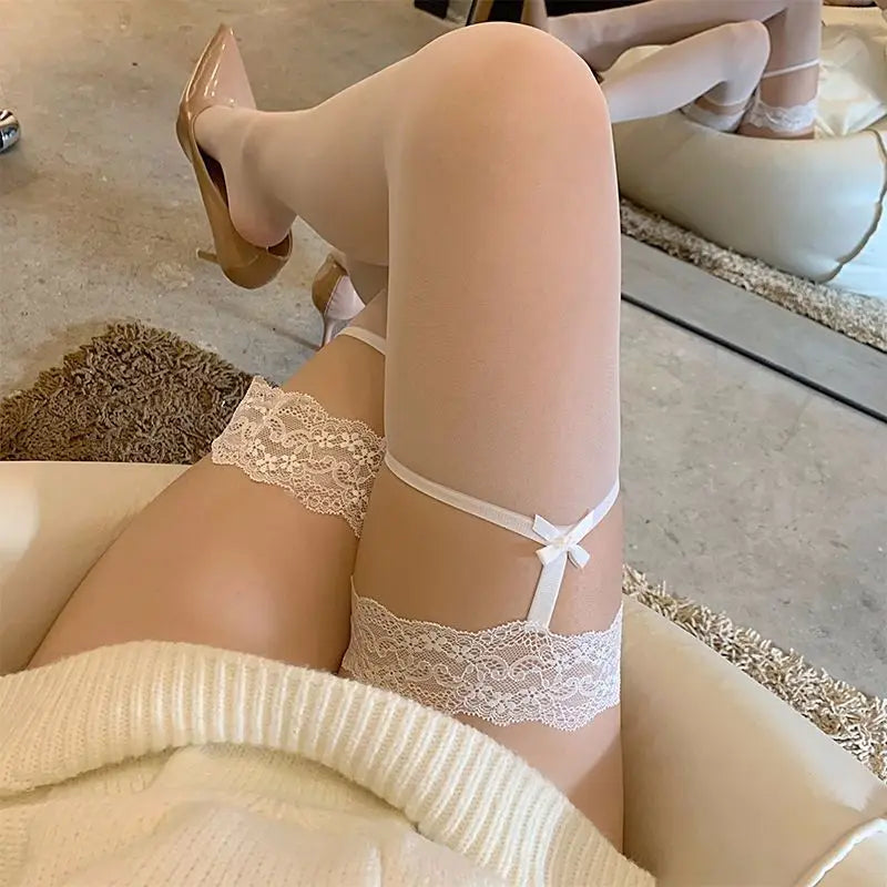 High Quality 2026 Sexy Adult Fantasy Fancy White Suspender Stockings Girls Lace Trim Knee Tight Stocks Suspender Black Bowknot Thigh High Stockings Lace Mesh Fishnet Sock